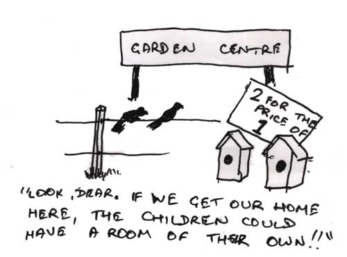 Garden Centre selling 2 bird boxes for the price of one. "Look Dear, if we get our home here, the children could have a room of their own!!"